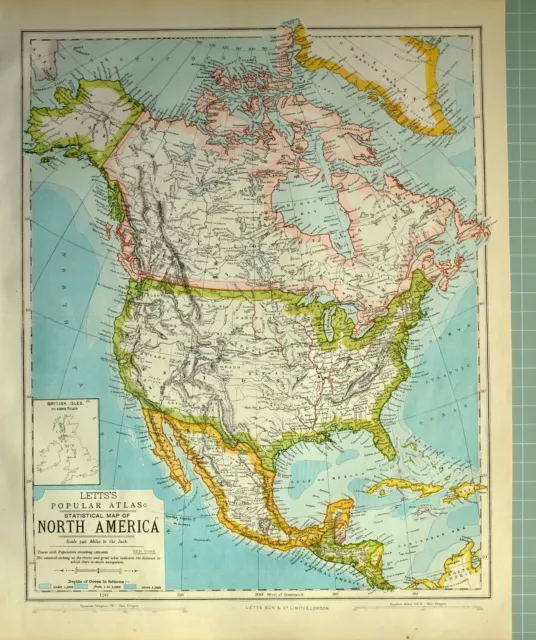 1881 Letts Map North America United States Mexico Alaska Canada Cuba Jamaica