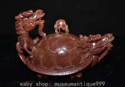 6" Chinese Natural Shoushan Stone Carved Pair Head Dragon Tortoise Turtle Statue