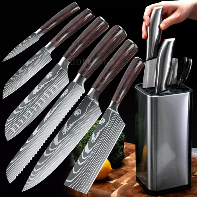 7 Pcs Chef Knives Set with Block Holder Damascus Pattern Stainless Kitchen Knife