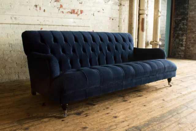 Handmade 3 Seater Plush Ink Navy Blue Velvet Low Chesterfield Sofa Fabric Couch