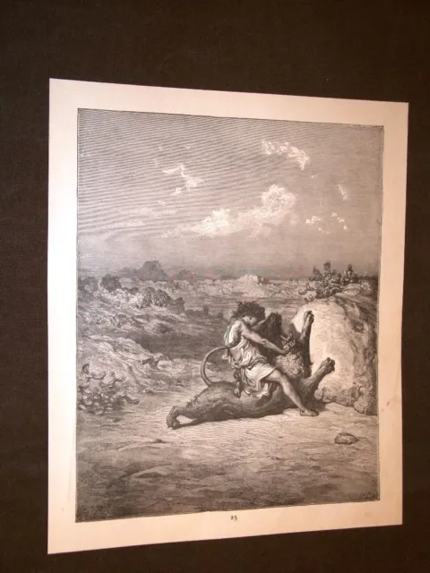 Incisione di Gustave Dorè del 1880 Bibbia Sansone uccide leone Bible Engraving