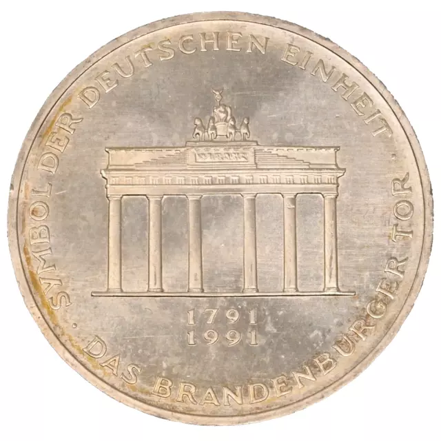 SILVER World Coin, Germany 10 Mark Commemorative, Brandenburg Gate 1991 A  AU+