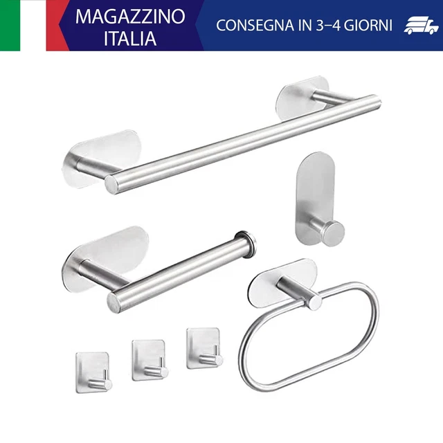 Set Accessori Bagno 4 Pezzi - Porta Asciugamani, Porta Carta, Ganci - Acciaio Inox Argento