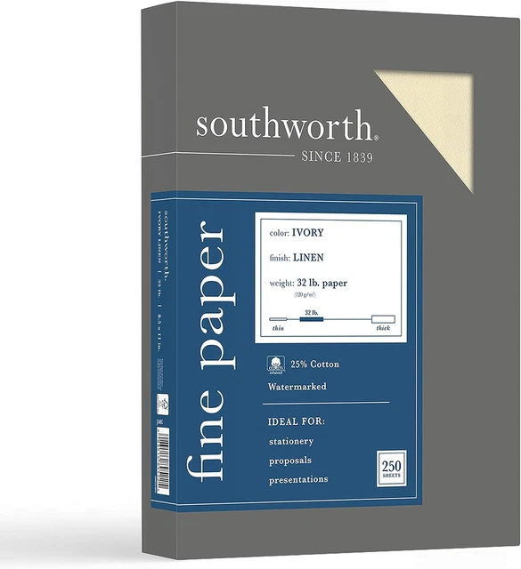 Southworth 25% Business Paper, 8.5" X 11", 32 Lb/12 GSM, Linen Finish, Ivory,