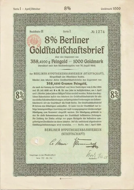 Berliner Hypothekenbank Verein Berlin histor. Bank Gold Anleihen 1925 bis 1930 2