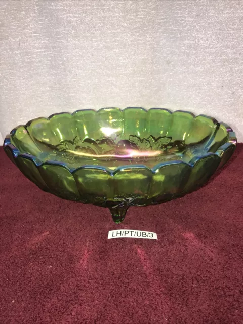 Vintage 1970's Iridescent Green Indiana Carnival Glass Footed Oval Fruit Bowl