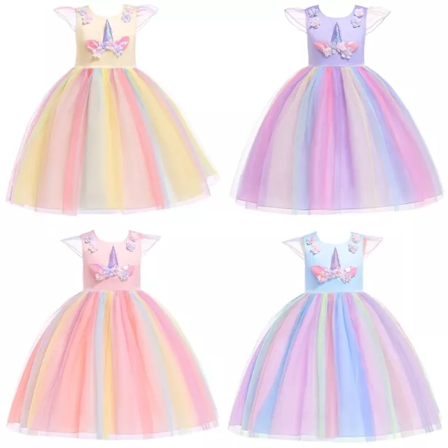 Girls Unicorn Rainbow Mesh Dress Pleated Party Princess Tutu Skirt Birthday Gift