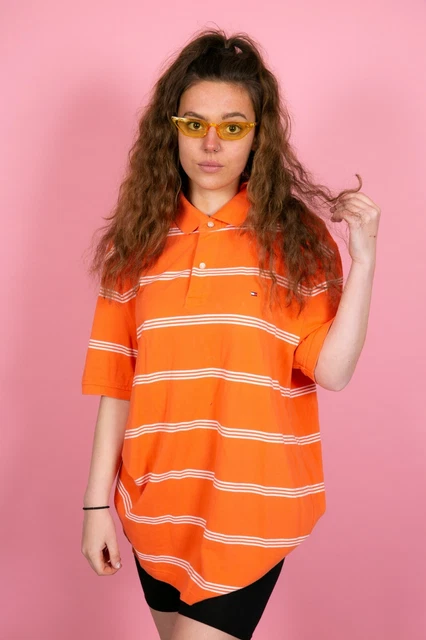 Polo vintage a righe Tommy Hilfiger arancione e bianca taglia XL vestibilità classica