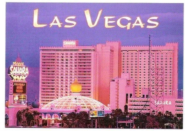 Sahara Hotel Casino Las Vegas Strip postcard Closed Renamed Partially demolished