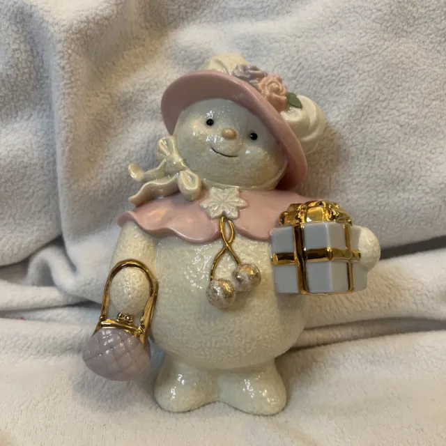 Lenox Snowy Visitor Figurine - 6” Lady Snowman W/Gift￼/Purse With 22K Gold Trim