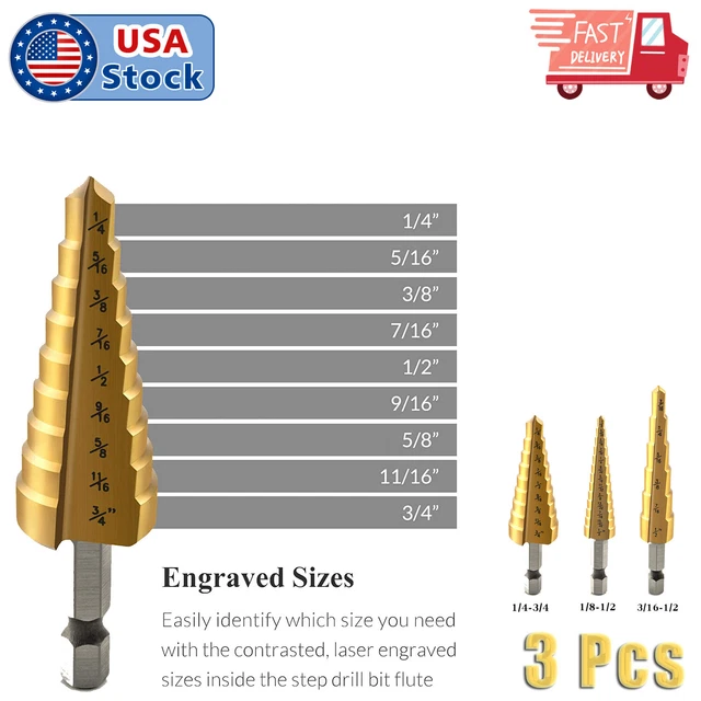 3PCS High Speed Steel HSS Titanium Step Drill Bit Set Quick-change 1/4" Hex Shan