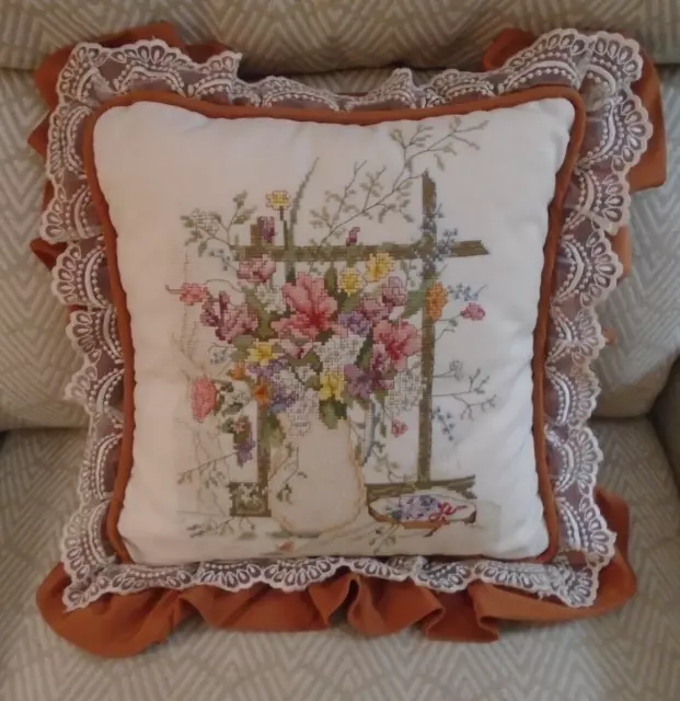 Vintage Handmade Pillow Cross Stitch Ruffles and Lace Flowers with Pitcher