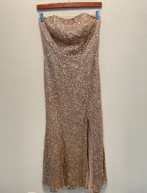 Vintage Camille La Vie Strapless Gown Womens 8 Gold Sequin Slit Ornate Fairy Y2K