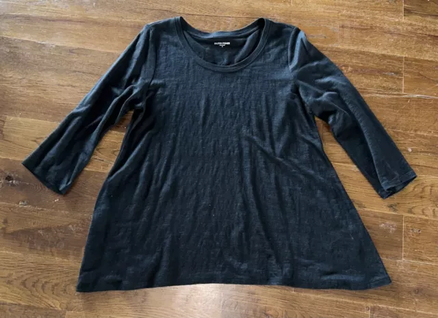 EILEEN FISHER Organic Linen Top Lightweight 3/4 Sleeve Black S