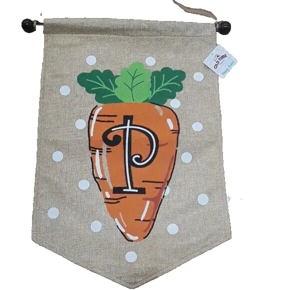 Spring Easter "P" Monogram Carrot Burlap House Flag with Pole NEW
