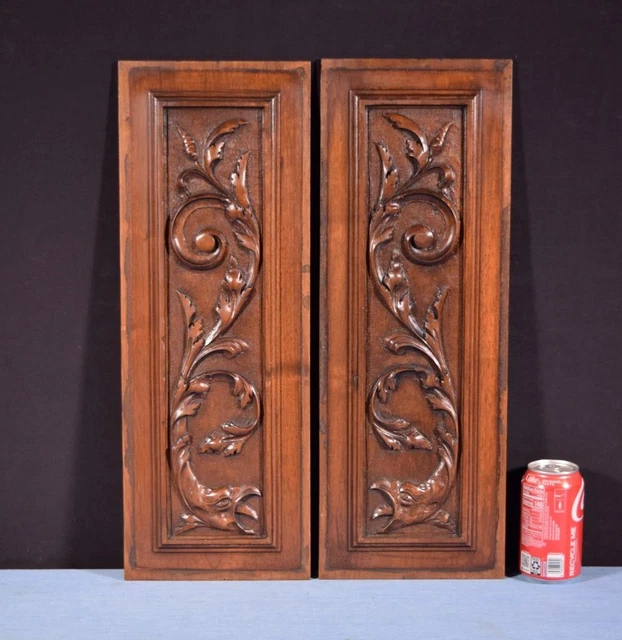 *Pair of Antique French Highly Carved Panels in Walnut Wood Salvage w/Griffins