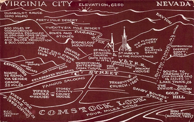 Virginia City NV Nevada Downtown Tourist Map Saloon Brewery 1950 Vtg Postcard Q4