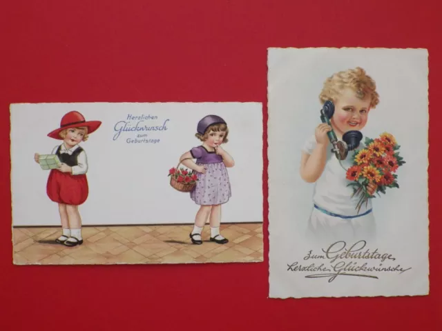 2 x alte Glückwunsch AK GEBURTSTAG Mädchen mit Blumen und Telefon 1935 ( F 17594