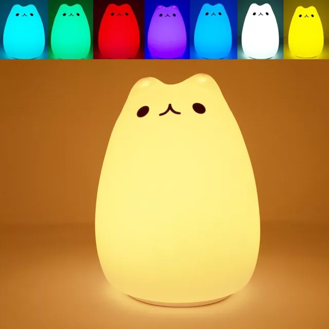 Cute Cat Night Light Kids Room, 7 Color Changing LED Portable Touch Kitty Lamp