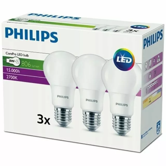 Lot de 3 ampoules CorePro LED E27 8W 2700K 806lm Philips