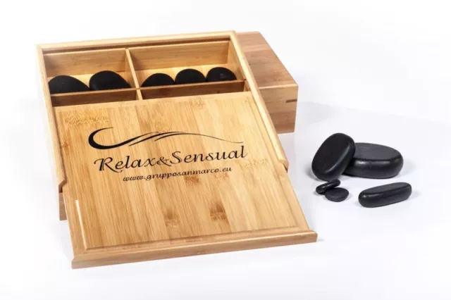 Set di 23 pietre hot stone per massaggi levigate opache con box in legno