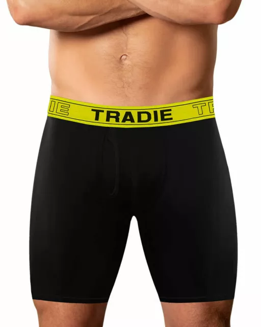 Mens 2 Pack Tradie No Chafe Boxer Shorts Long Leg Trunk Black Yellow (9SK)