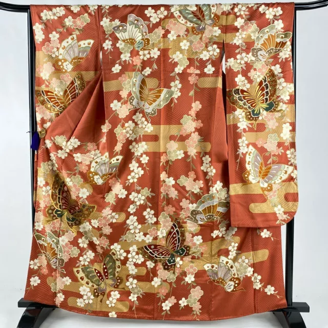 Woman Japanese Kimono Furisode Silk CherryBlossom Butterfly GoldFoil PinkBeige