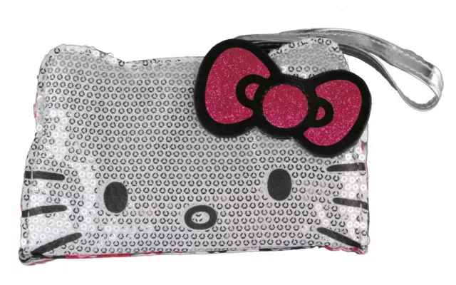 Sanrio Hello Kitty Comic Pop Silver Sequins Face Wristlet Purse Bag NWT