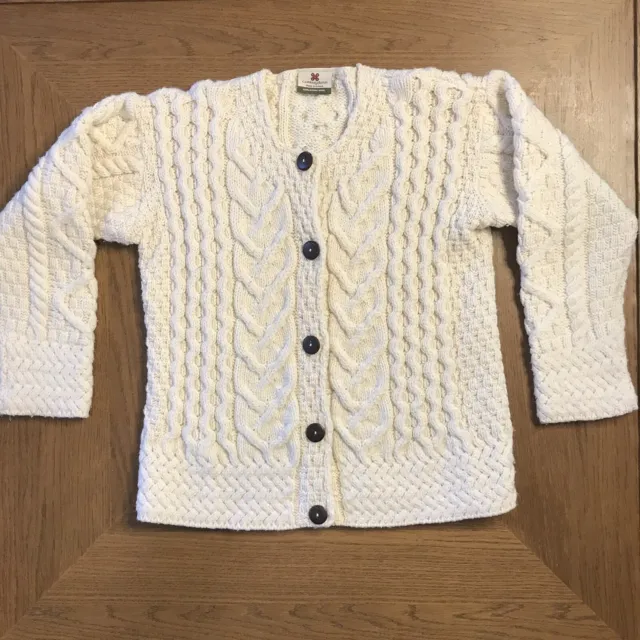 Carraig Donn White Cream Medium Irish Merino Wool Fishermans Cardigan Sweater A+