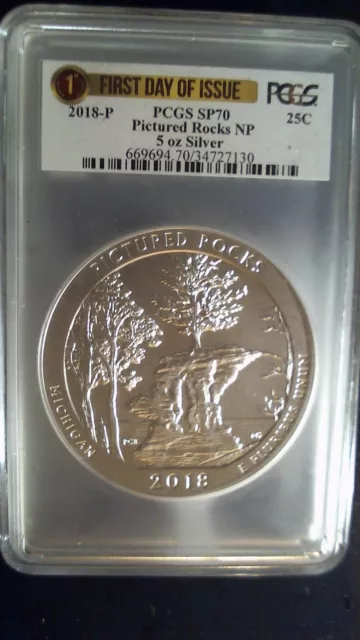 2018 P  Pictured Rocks NP 5 Oz. Silver ATB 25C PCGS SP 70 First Day Of Issue