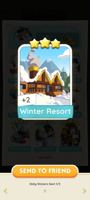 Monopoly Go WINTER RESORT Fast Send NEW 3 ⭐️ CARD STICKER