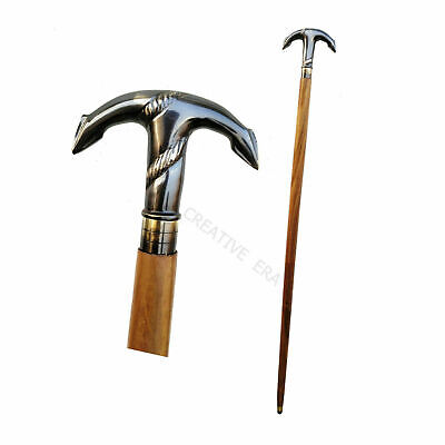 Antique Brass Anchor Head Handle Style Solid Victorian Wooden Walking Stick Cane