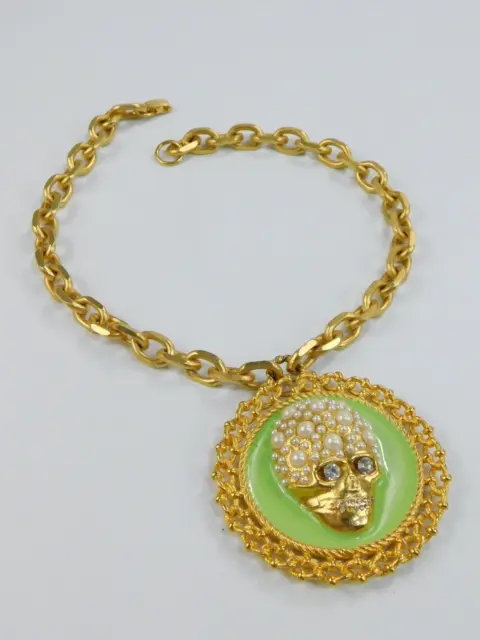 Vintage Gerard Yosca HUGE Gold Tone Pendant Bubble Skull Pearl Enamel Necklace