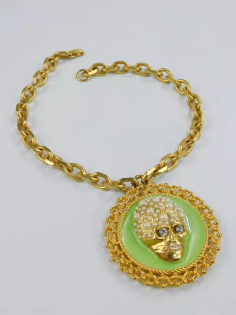 Vintage Gerard Yosca HUGE Gold Tone Pendant Bubble Skull Pearl Enamel Necklace