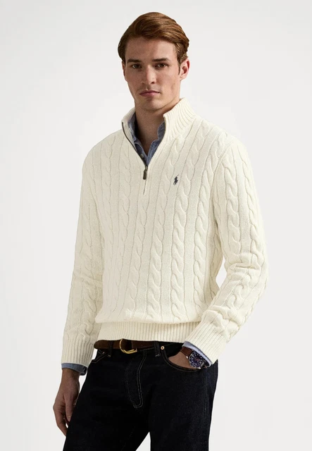 Pull Polo Ralph Lauren Homme Blanc Col Zippé Maille Torsadée Neuf avec  Taille S