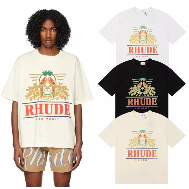 For RHUDE Parakeet Print Short Sleeve Unisex Cotton Street T-Shirts 3 Color