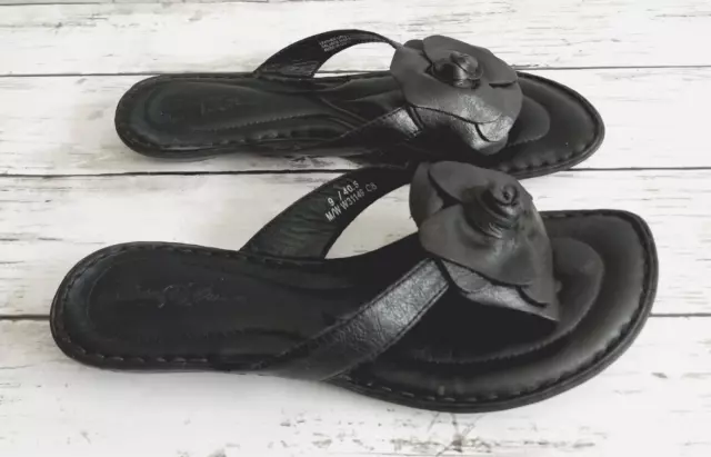 Born Women's 9 M/W Black Leather Thong Flowers  Flip Flop Slide Sandals 2