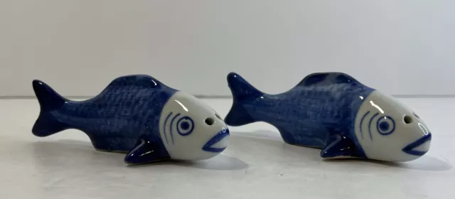 Blue and White Ceramic Fish Salt and Pepper Shakers Thailand