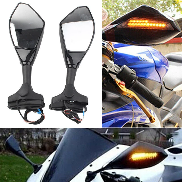 Pair Rearview Mirror With LED Turn Signal For Honda Kawasaki Yamaha Suzuki Black