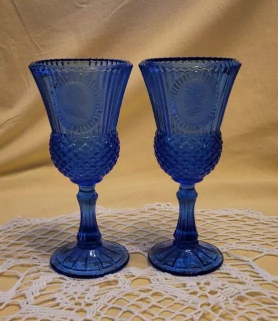 Set of 2 Avon Fostoria 8" Cobalt Blue Goblet George & Martha Washington 1976