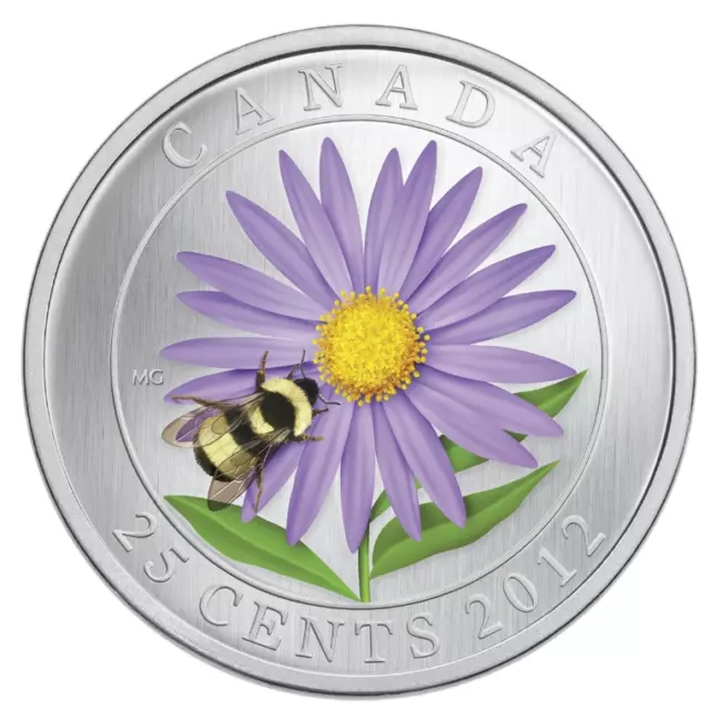 2012 Canada 25-cent Flower & Fauna - Aster and Bumble Bee Coloured Mint Coin