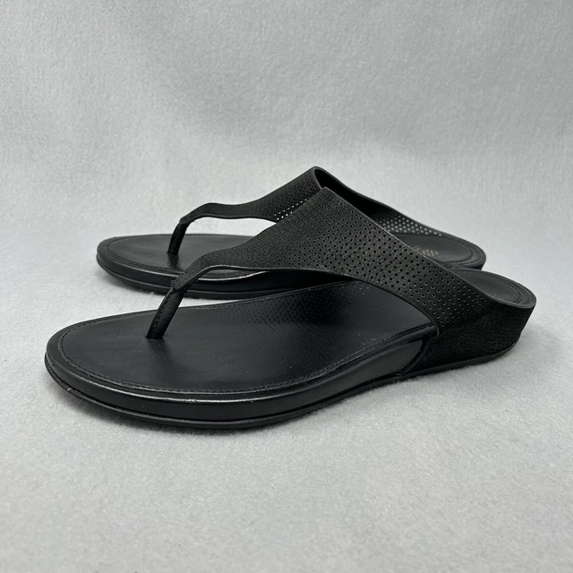 FitFlop Black Banda Perforated Perf Toe Post Leather Sandals Thins Women’s Sz 8