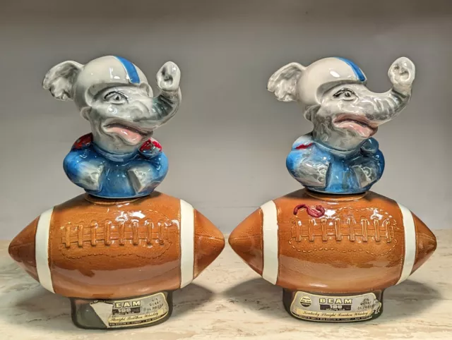 Vintage Set 2 Jim Beam Elephant Football Decanter Bottles Alabama Crimson 1970s