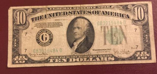 $10 1934 D Chicago Federal Reserve Bank Note Green Seal Rare