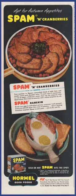 Vintage 1945 HORMEL SPAM Canned Meat Spam & Cranberries Ephemera 1940's Print Ad