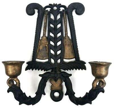 Vtg Wilton Cast Iron Wall Sconce Double Candle Holder Tassel Scroll Brooms
