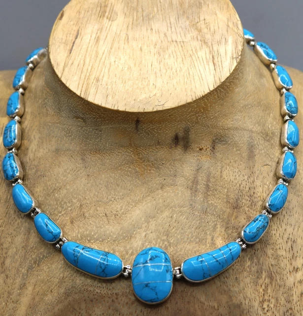 Mexico 950 Silver & Turquoise Hinged Panel Link Necklace 17 In 65 Gram NEW TAXCO