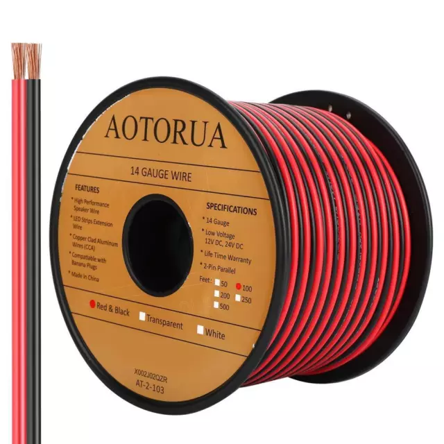 100FT 14/2 Gauge Red Black Cable Hookup Electrical Wire, 14AWG 2 Conductor 2 Col