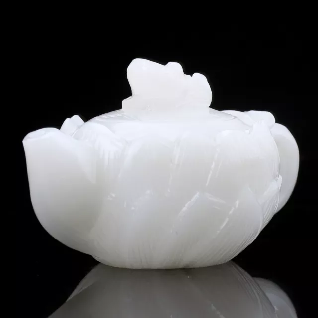 Exquisite Chinese 100% Natural White Jade Hand Carved Lotus Teapots 2