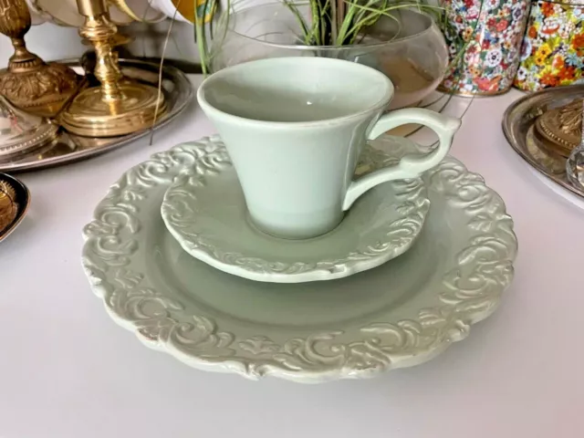 3 Piece Set Shabby Chic Ceramic Tea Cup Saucer Luncheon 9.5'' Plate Green